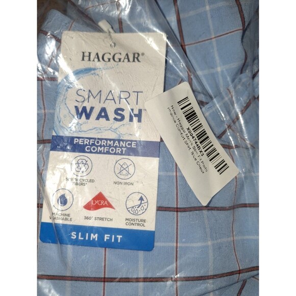 Haggar Mens Size 15-15 1/2 34/35 Blue Plaid Slim Fit LS Button Up Shirt NWT - Picture 3 of 5